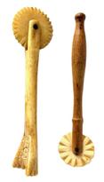 M24 Group of two (2) Sailor made Pie Crimpers with Scrimshaw Whalebone crimper wheels. One has a whale bone handle that is dated 1903 with the initials �J S� on the opposite side of handle and the second crimper has a delicately turned wood handle.  The solid whale bone one measures 5 &frac14;� long with a 1 &frac12;� diameter wheel. The one with wooden handle measures 5� long with the wheel being 1 &frac14;� diameter.  