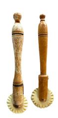 M23 Group of two (2) Sailor made Pie Crimpers with Scrimshaw Whalebone crimper wheels and delicately turned wood handles with finials � one of the handles bears remnants of original white paint.  Both crimpers measure approximately 4 7/8� long with each of the wheels measuring approximately 1 1/8� diameter. 
