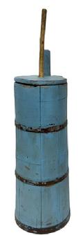 **SOLD** M244 19th century wooden Butter Churn retaining early blue paint. Staved sides secured with metal bands and notched handmade wooden lid that fits snug around the top handle.  The round plunger bottom with holes is attached to the shaft and all parts are original. You can see the wear from usage along the shaft of the plunger. Circa late 1800s. The churn body is 22� tall (25� tall to top of handle) x 8 &frac12;� � 9� diameter at the bottom and 8� at the top. Total height with the plunger is ~29 &frac12;�.  