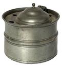 L268 18th century Pewter ink well fitted with six quill holes and hinged lid covering the area where a removeable porcelain insert ink pot would sit (missing). Flared rim with tapered sides boasting decorative incised rings above and below a raised embossed center ring. Circa 1780s � 1800. Measurements:  3 7/8� diameter x 2 5/8� tall. 