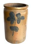 L458 19th century two gallon Signed Peter Hermann Stoneware Jar from Baltimore, Maryland Stoneware Jar decorated with large Cobalt blue double clover blossoms with two leaves on each side. Clear stamp reads: �2G� "P. Hermann." Peter Hermann (1825-1901) ran his Pottery on Edgar Street in Baltimore, MD from 1850-1872. Measurements: 8� diameter (bottom) x 12 &frac12;� tall. 