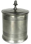 L266A Pewter Tobacco Jar � C.1790-1800 -features a slightly tapered body, banded base, slightly flared foot and acorn finial. The interior retains a second heavier lid, or press, which pressed down and helped preserve the tobacco from the air. Unmarked.