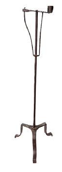 L207 18th century rare, non-adjustable hand forged Floor Standing Wrought Iron Rush Light with Candle Holder. Simple round stem with tall tripod base resting on hand forged uniquely shaped feet. Circa 1750 � 1780. Measurements: 5 &frac12;� wide at candle socket x 10� across feet x 31 &frac12;� tall. 