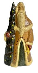 M136 Signed and dated Eldreth Pottery Redware Santa Figure with long mustard colored cloak. He is hugging a decorated tree under his right arm and holding a bright yellow star in his left hand. �Eldreth 2011 39 / 100� is carved into the bottom. It is also hand signed and dated �Diana Eldreth 2011�. Measurements:  The bottom is 6� wide x 4 &frac14;� deep and overall height is 12� tall.  