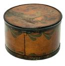 **SOLD**  M282 Small Bentwood Pantry Box Pennsylvania Dutch Decoration steamed and bentwood Pantry Box with metal bands with hand painted lid and sides featuring a hand painted Folk Art bird with flower and vine on the lid and swags surrounding the sides. Very clean, natural patina interior. Measurements: 4 5/8� top diameter x 4 &frac12;� bottom diameter x 2 7/8� tall. 