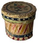 K280 Extremely RARE 19th century miniature Wallpaper Box in outstanding condition. Paperboard, handstitched construction � covered in hand painted wallpaper bearing a floral motif on the lid with red, white yellow, pale green and blue paint decoration on the sides. From a Pennsylvania collection. Sturdy with a tight-fitting lid. This is the smallest wallpaper box we have ever seen!   Measurements:  2� diameter x 1 &frac34;� tall. 