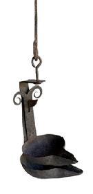 L408E Rare � 18th century hand wrought iron Phoebe Double Cruise Lamp / Whale Oil Lamp / Grease Lamp / Betty Lamp with trammel style hook on the back of the outer bowl supports the inner bowl with decorative scrolled topper on its back. Great surface patina, pitting and wear from age and use. This was a very early type of lamp commonly used in America between the 17th to early 19th century, consisting of two small iron bowls hanging one above the other, with a spout to hold something to act as a wick (twisted cotton rag, rush, etc.). The lower bowl collected drips coming from the upper bowl, creating an efficient use of the fuel being burned.  Measurements: Outer lamp measures 3 5/8� wide x 5 &frac14;� deep x 7 &frac12;� tall. The inner / smaller lamp is 3 &frac12;� wide x 5� deep x 5 &frac12;� tall. Overall height with hanger is 11 &frac12;� tall.  