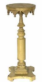 G946 Sturdy, 19th century Eastern Shore, Maryland original yellow painted plant stand with solid wooden turned center column attached on decorative raised base. Individually applied drop molding pieces resembling the whimsical inverted triangles and bells on a jester�s hat encircle the underside of the top. Great piece of folk art. Measurements: 11 &frac14;� diameter top x 11 &frac12;� across base x 29 &frac12;� tall