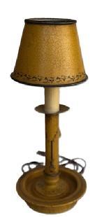 **SOLD** L414 Tole Painted Tin Chamberstick Lamp bearing original mustard painted and decorated surface.  Measurements: ~6 &frac34;� bottom diameter x 16� tall including shade.  