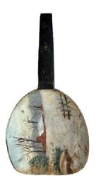 M112B 19th century hand painted wooden butter paddle depicting a snowy landscape with barren trees and the snowcapped roof of a house with a large chimney in the distance, and a partial fence in forefront. Slight glittery accents to the paint in the scene and a solid black painted handle. No breaks or cracks. Measurements: 9 3/8� long x 5� wide x ~1� deep. 