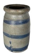 M114 19th century Western Pennsylvania region Wax Sealer canning crock with three wide cobalt blue stripes decorating the front. Circa 1875. Slightly tapered sides with wax sealer rim. Very small hairline to bottom. Measurements: 4 &frac12;� top diameter x 5 1/8� bottom diameter x 8� tall.  