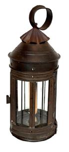 **SOLD** M38 19th century round candle lantern with hinged door that opens freely for access to the sturdy interior candle socket. All solder seams are secure. Lantern is glass and tin construction with a hinged door, conical shaped top bearing a crimped cover and round tin handle with folded edges attached to top. This lantern is unique in that it also has latches securing the bottom � that can be released to remove the bottom of the lantern for easy cleaning of the interior glass panels. Measurements: 5� diameter x ~13 &frac12;� tall to top of handle. 