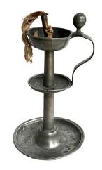 RM1636 Late 18th century to early 19th century pewter oil lamp sometimes called a �slush lamp�. These were used in place of wax candles to burn much cheaper fuel sources such as whale oil or other fats. This design features a center shaft with central drip tray and top reservoir with wick holder where the oil was placed and a wick was lit to provide light. Measurements: 6� diameter (bottom) x ~4 &frac12;� deep at top (including handle) x ~10� tall. 