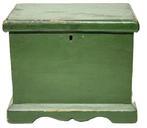 **SOLD** M259 Super, early 19th century original green painted miniature blanket chest featuring a dovetailed case with cut out applied bracket base on all four sides. Lid has applied dropped molded edges on three sides which create a nice dust barrier when lid is closed. Clean natural patina interior. Combination of �T� and square head nail construction. Measurements: 9 7/8� wide x 6 &frac34;� deep x 8� tall. 