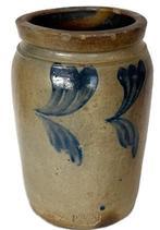 L219 Stamped 19th century cobalt blue decorated salt glazed crock by Richard C. Remmey (1835-1904) of Philadelphia, Pennsylvania.  The side, near the base, is impressed with the maker�s stamp:  �R.C.R.� Minor chips to rim, otherwise great condition. Measurements: 6 1/8� x 6 &frac14;� top diameter x 10 &frac12;� tall.   