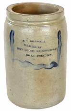 G928 Very rare and unusual Cambridge Maryland Crock  S.E. LE COMPT Hills Point MD store advertising stoneware crock. Rare Stoneware Jar with Cobalt Floral Decoration, Baltimore, MD origin, circa 1875,