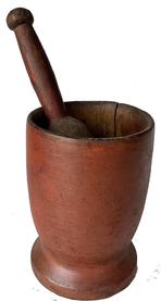 J270 Early 19th century Mortar and Pestle with original bittersweet red painted surface. Very simple turnings, with faint remnants of incised lines around the bowl and base areas.  Vertical open age crack along one side of bowl. Base of pestle, and inside of mortar, shows extensive wear and great natural patina from years of use.  Measurements: 6 &frac34;� tall x 4 &frac34;� diameter. Pestle measures 9� long.