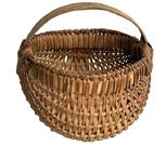 **SOLD** M222 Fantastic, early, tightly hand-woven miniature oak splint egg / buttocks basket boasting woven details at the junctures of the two main ribs as well as along the bottom center of the basket. Retains original aged, natural patina surface. Great size and condition! Measurements: 5� diameter x 3 &frac14;� tall (sides) x 5� tall (including handle).