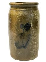 M245 Cobalt decorated stoneware wax sealer crock � possibly of Virginia origin � featuring straight sides with slightly tooled shoulder and wax sealer rim constructed of dark clay with a hand painted cobalt blue tulip on opposite sides. Circa 1870s.  Measurements: 4 &frac12;� diameter x 8 &frac12;� tall.  