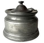 **SOLD** K188 18th century Pewter inkwell fitted with four quill holes and hinged lid covering its original removeable porcelain ink pot.  Circa 1780s � 1800. Measurements: 4 1/8� diameter x 3 &frac12;� tall to top of finial on lid. 