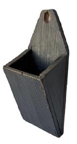 **SOLD** E364 19th century North Carolina Wall Box/ Pipe Box with the original black paint, square head nail construction, the wood is yellow pine. Measurements are:13 1/2" tall x 4" deep x 6" wide.  