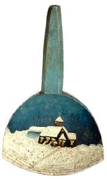M112a 19th century painted wooden butter paddle depicting a dark sky with a Church in the snow with glowing windows and a fence in the forefront. Original hand painted surface with textured details to the paint in the scene and a blue handle on the front side with pale pink painted surface on the reverse. Evidence of a re-glued spot along the bottom edge. Measurements: 9 &frac14;� long x 5 &frac34;� wide x ~1 &frac14;� thick. 