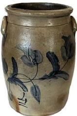 **SOLD** K1620 19th century Pennsylvania 4 gallon Cobalt Blue Decorated Crock attributed to Remmey. The front is decorated with brushed cobalt Tulip style flowers with cobalt brush work decorating the collar and where handle is attached. Hand painted cobalt �4� is painted at bottom of the front. Measurements: 9 &frac14;� top diameter x 15" tall.  
