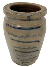 **SOLD** M261 19th century Western Pennsylvania region Wax Sealer canning crock with TEN cobalt blue stripes decorating the front. Circa 1875. Cobalt stripes alternate with straight and squiggly lines which adds to the visual appeal of this crock. Slightly tapered shoulder with beaded edge and a flat wax sealer rim.  From a collection in Chambersburg, PA. Measurements: 5 &frac34;� top diameter x 6� bottom diameter x 10� tall. 