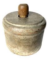 M17 Original grey painted butter press / mold / stamp depicting hand-carved Cow with sprig of pine and geometric shapes encircled with a series of carved rings. Solid wood with great patina. Measurements: 4 5/8� outside diameter x 3 &frac12;� tall (excluding handle). 