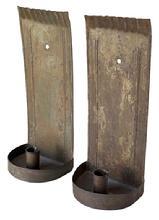L436 Pair of Hanging tin wall sconces, each with a canted and crimped edge along the tops of their squared backs, embossed reeded columns, finely folded edges, a drilled hole for hanging and a demilune dish holding a single rolled edge candle socket that is 1 &frac12;� tall. Solder joints are secure. Sconces retain their untouched natural patina surfaces. Measurements: 11&frac34;� tall x 4 &frac34;� wide x 3&frac12;� deep. 