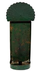 **SOLD** M238C 19th century hanging tin wall Sconce bearing an early green painted surface with wonderful rounded, fan-shaped, crimped and fluted top, wide back and deep demilune dish. Very unusual size and form with finely folded edges and a wire hook on back for hanging. Solder joints are secure. Sconce retains wonderful patina to its surface. Measurements: 8� wide (top) x 6� wide (back) x 4 &frac12;� deep x 18 &frac14;� tall.