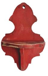 **SOLD** RM1635 Late 19th century hanging candle shelf retaining an early old red paint with decorative shaped shelf and back. Hole in top for hanging purposes. The wood is poplar.  Measurements: 9� wide x 5 &frac12;� deep x 13 &frac34;� tall. (NOTE: The depth of the shelf area is 4 &frac34;� deep and it is 7 3/8� down from the top of back board). 