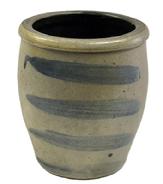 M310 19th century Western Pennsylvania region Wax Sealer canning crock with four (4) cobalt blue stripes decorating the front. Circa 1875. Slightly tapered sides with wax sealer rim. Measurements: 5 &frac34;� top diameter x 4� bottom diameter x 6 &frac12;� tall. 