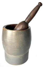 J234 19th century original gray painted Mortar and Pestle.  Each part is turned from one solid piece of wood. Both the pestle, and the interior of the mortar, retain wonderful natural patina. Very sturdy with good weight. No cracks. The Mortar measures 8� tall x 6� diameter bottom with a 2 1/4� wide band around the bottom before the sides curve around the bowl and taper back in to a 6 &frac14;� diameter top. Pestle appears to be original to the mortar and measures 12� long with wear indicative of years of use.