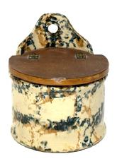CM6 Spongeware Salt glazed Salt Crock / Storage Container featuring teal and tan colored sponge decoration on an ivory-colored background with attached hinged wooden lid. It can be hung on the wall via the hole in the top or stand freely on a flat surface. No chips or cracks. Slight crackling to surface indicative of age. Measurements: ~5 &frac12;� deep x ~5 &frac14;� diameter x 4� tall (front) x 6� tall (back).