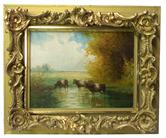 T465 Oil on Canvas with the original frame signed by Artist Patrick Vincent Berry (1852-1922)  landscape painter, Patrick Berry was also an instructor of art at Fordham University in New York. He was born in Troy, New York and studied at Troy Academy, St. John's College, and Fordham University and also studied with Albert Bierstadt and William Hart.This painting is of Cattle watering 9" x 12" canvas size frame size 14" x 17"