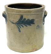 M225 19th century Pennsylvania cobalt blue decorated salt glazed stoneware Butter Crock � attributed to Remmey (Philadelphia). Nice, small size with applied lug handles. Hand brushed cobalt leaves decorate front and back with the handles on each side also swathed in cobalt blue.