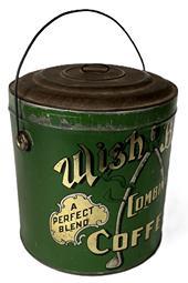 **SOLD** K1739 Early 20th century bale handle advertising tin boasting vibrant graphics on a green background for �Wishbone Combination Coffee� �Net Weight Four Pounds� from �Bunn Capitol Grocery Co. Bloomington, IL and Springfield, IL�.  (NOTE: The Bunn Capitol Grocery Co. began in Bloomington in the 1840s and moved to Springfield in the 1930s.) Measurements:  7 &frac12;� diameter x 7 &frac12;� tall (~10 &frac12;� tall including handle)  