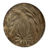 K1651 19th century Pennsylvania butter print stamp depicting a deeply chip-carved Eagle with shield detailed chest and holding three arrows in talons surrounded on each side by stalks of leaves. A series of raised and incised lines encircle the tapered outer edge of the back of this stamp. Handle retains prominent hand-hewn marks.  Dry, natural patina surface. Measurements: 4 &frac14;� diameter x 2� tall. 