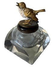 L7 Early 20th century , large cut crystal inkwell with highly detailed figural cast gilded bird on hinged lid. Circa early 1920s. Great condition. Overall measurements: 2 &frac12;� x 2 &frac12;� x ~3 &frac14;� tall.  The bird measures approximately 1 &frac34;� long x 1� wide x 1 &frac14;� tall .  