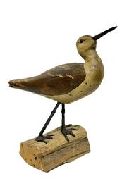 **SOLD** M231 Hand carved Dowitcher Decoy � signed �C.H. Colby� of Maine with glass eyes and original surface, mounted on a great piece of sturdy driftwood. Circa 20th century. Fantastic piece of Folk Art! Approximate measurements: 11� long x 3� wide x 12� tall overall. (Base measures 4 &frac14;� x 2� tall.) 