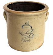 RM1613 19th century New England stamped Two Gallon Stoneware Crock with Eagle and Flag Decoration. Straight sided salt-glazed crock with applied handles, stamped �2� �Gardiner Stone Ware Manufactory �.� This Stone Ware Manufactory was located in Gardiner, Maine from 1876-1892. Measurements: 9 &frac34;� top diameter x 8 &frac34;� tall. 