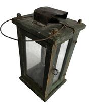M270 19th century Pennsylvania signed original green painted wooden Lantern featuring four bubbled glass panels (small crack in the corner of one panel) contained within a wooden pinned and post construction frame.  The initials "FH" are punched into the underside of the lantern. The door to access the interior candle socket is attached with tiny wire hinges and secured with a tiny wire loop and latch. There is a hole in the top for ventilation purposes which is covered on the exterior with a curved piece of sheet metal to create a hood that protects the candle flame from wind/rain. A wire bale handle is attached to the top for carrying/hanging purposes � with one handle attachment that comes loose due to a large age/heat separation in the wooden top. Circa mid-1800s. From an estate in Chambersburg, PA. Measurements: 4 &frac34;� x 5� square x ~9 &frac34;� tall � not including handle.
