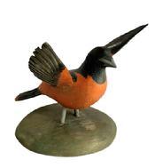 M312 Hand carved and painted Baltimore Oriole � signed on bottom �Rich Moretz� � (b. 1976) of Havre de Grace, Maryland. Mounted on a wooden base for display purposes. Measurements: Base is 5 &frac34;� x 6� diameter. Bird measures ~8� long with ~7 &frac12;� wingspan and is ~6� tall. 