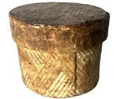 K252 19th century small round wallpaper box from a Pennsylvania collection. Pasteboard construction covered on the outside with a geometrical print wallpaper with plain paper lines the interior. Sturdy with a tight-fitting lid. Measurements:  3 &frac34;� diameter x 2 5/8� tall.