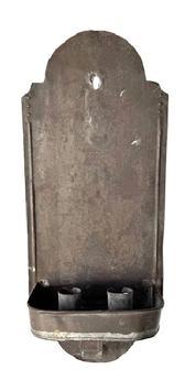 L232 Unique early 19th century hanging Tin Wall Sconce featuring two candle sockets within a demilune dish / drip pan boasting a rolled tin scroll-shaped support below the drip pan. The tombstone shaped back bears a hole for hanging purposes and simple decorative wriggle work along the edges. All solder joints are secure. Measurements: 6 &frac34;� wide x 4� deep x 16� tall.  