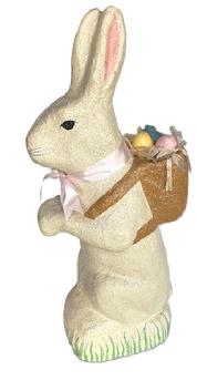 M18 Large handmade and �sugared� paint decorated papier mache bunny rabbit with basket of eggs on its back. Signed by maker next to its tail � �Teena� (Teena Flanner). Mid-20th century. Measurements: bottom is 9� deep x 7� wide and overall height is 26 &frac12;� tall.  