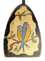 M77 Victorian wooden painted Folk Art Door Stop with tall, shaped iron handle featuring hand painted Folk Art birds on a limb. Unsigned. The solid wooden base measures 7� wide x 4� deep x 8� tall. Overall height with iron handle is 23 &frac34;� tall.