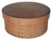 L468d 19th century New England original Taupe painted pantry box with natural patina interior. Steamed and bentwood sides secured to the top/bottom with tiny square head nails. Overlapping joints secured with copper tacks. Measurements: 6� diameter (top) x 5 &frac34;� diameter (bottom) x 2 &frac12;� tall. 