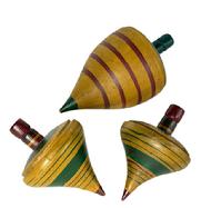 M119 Group of three late 19th century to early 20th century turned wood spinning tops with original mustard, green and red hand painted surfaces. All three are solid wood. The two smaller ones measure ~4 &frac12;� tall and the largest measures ~6 &frac14;� tall.  